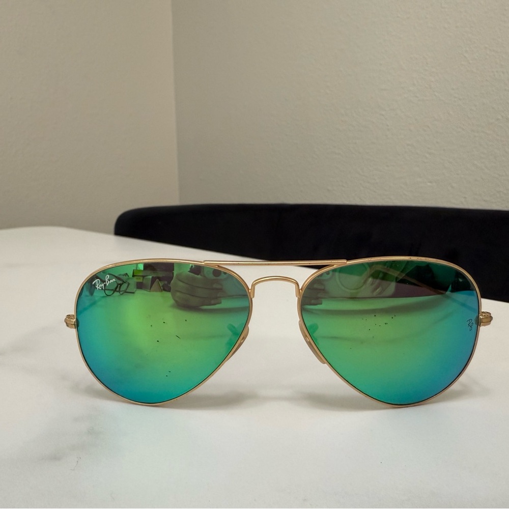 Ray-Ban Gold Frame Sunglasses with Blue-Green Lenses